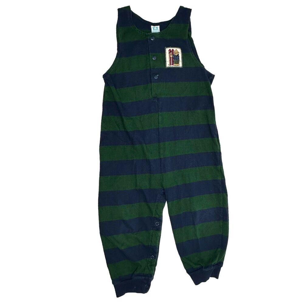 Vtg One Piece Romper Outfit 24 Months Blue & Green Stripe Teddy Bear Made in USA